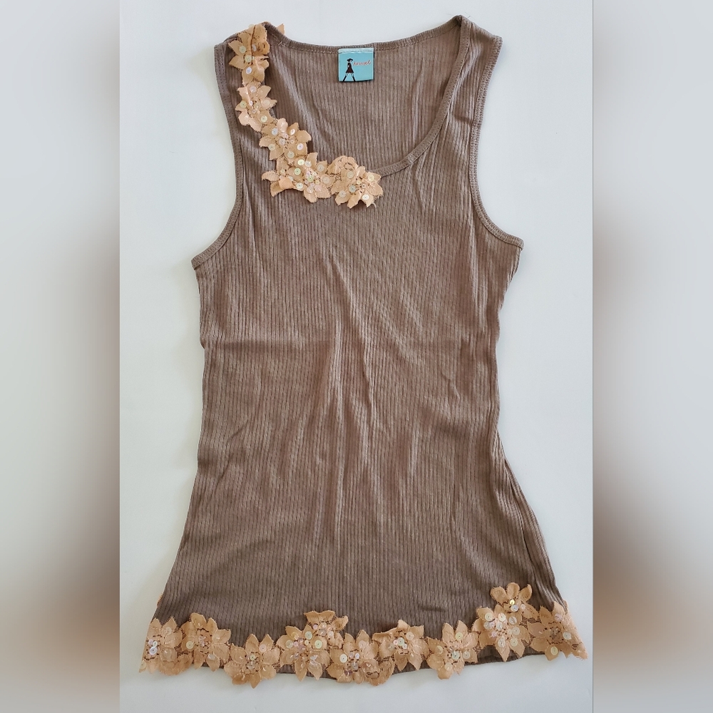 Vintage Damsel Tan Ribbed Tank Top With Peach Sequin Applique Women's Size L